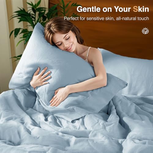 SONORO KATE 100% French Linen Duvet Cover King Size, Soft Breathable for Hot Sleepers, Moisture Wicking & Durable Cover Set - Zipper Closure & 4 Corner Ties Duvet Covers 3 Piece (Dusty Blue,King)