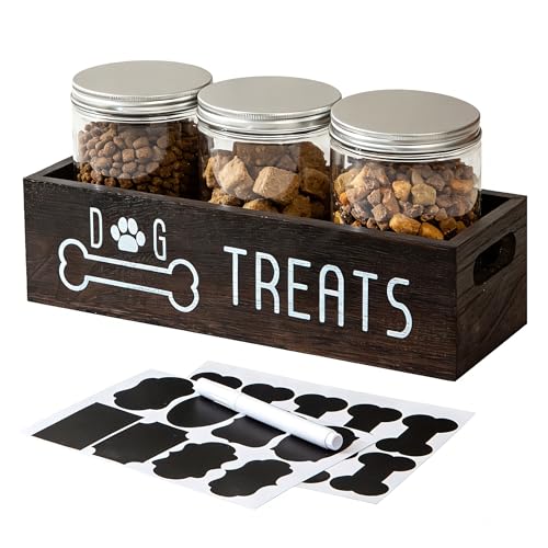 VZODESR Dog Treat Container Wood Cat Treat Holder for Counter Cat Treat Organizer Dog Food Storage Organizer with 3 Dog Cookie Jars Farmhouse Decor Box Brown