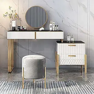 Vandana Interiors ARO Modern Makeup Vanity with Flip Top Mirror & Side Cabinet Expandable Dressing Table with Drawers Stainless Steel in White & Black