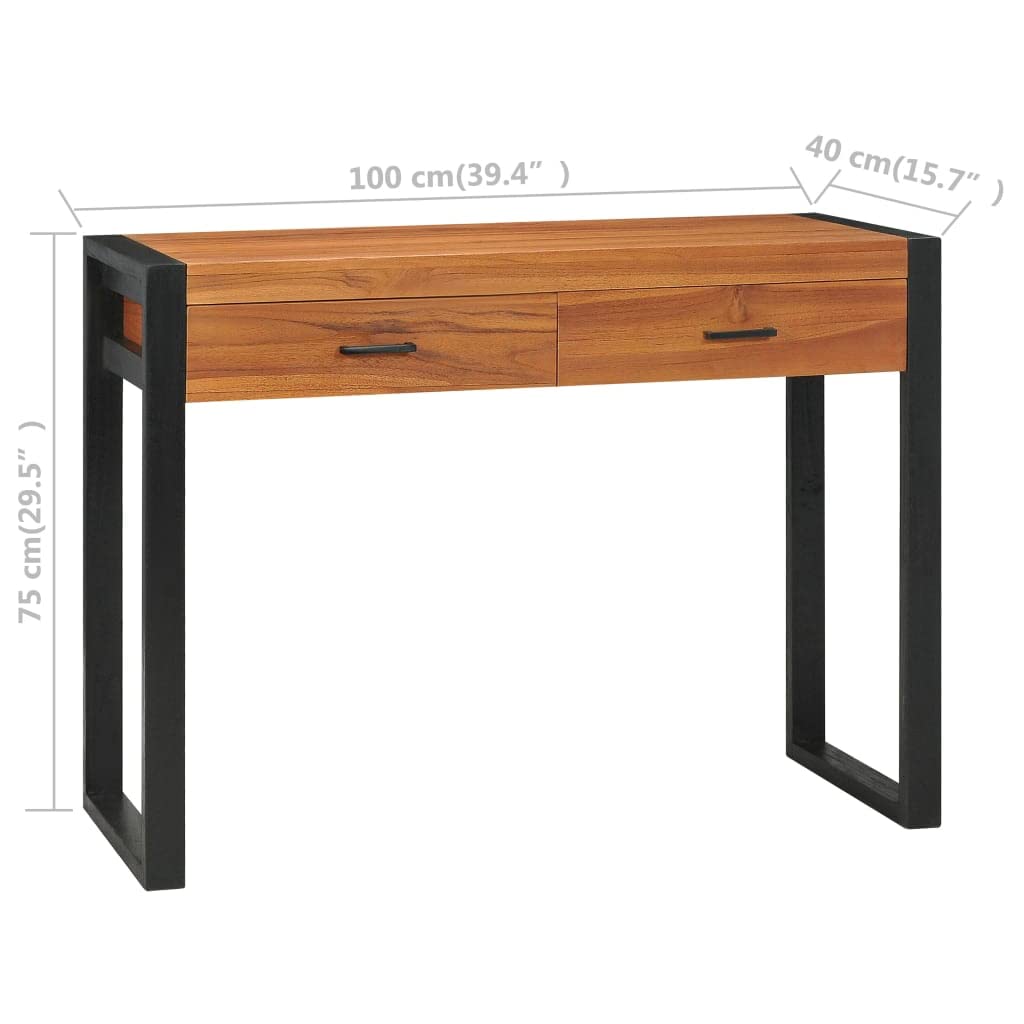 Scrivania in legno di teak massiccio, 100 x 40 x 75 cm, con 2 cassetti e spazio portaoggetti, struttura in legno stabile, ideale come scrivania per computer, ufficio, gaming, home office