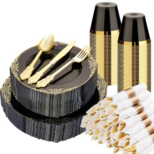 Bestluck 350 PCS Black and Gold Plastic Plates, Disposable Dinnerware
