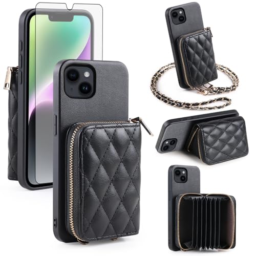 Étui portefeuille iPhone 15 cuir synthétique porte-cartes fermeture éclair support
