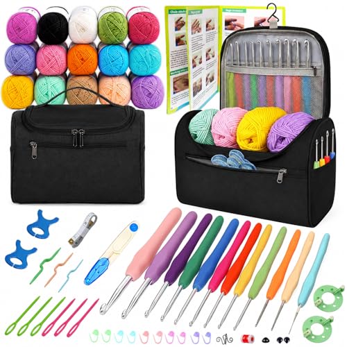 Image of Yarniss Crochet Kits with Yarn,1120 Yards Soft Crochet Skeins, 12 Size Ergonomic Crochet Hooks with Portable Crochet Bag,Black
