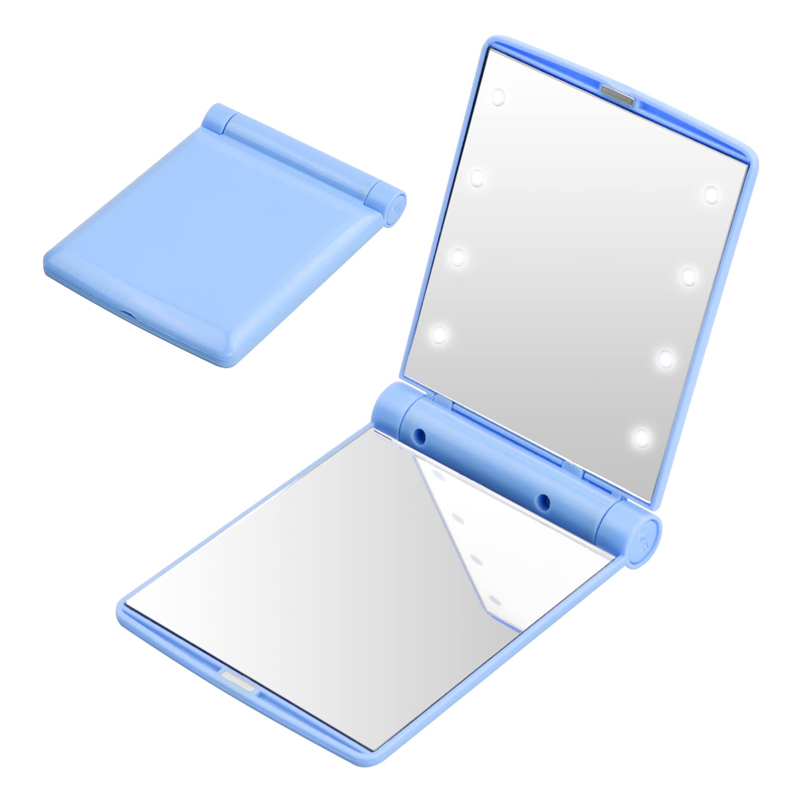 Jinlaili Espejos Compactos Plegable con Luz, Espejo de Bolsillo de Doble Cara, Espejo de Viaje LED, Espejo Portátil de Maquillaje, Espejo Pequeño de Bolso para Escritorios Tocadores y Viajes (Azul)