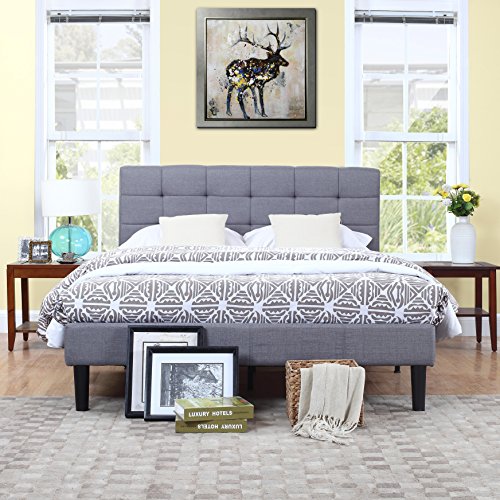 Divano Roma Furniture Classic Grey Linen Low Profile Platform Bed Frame with Tufted
