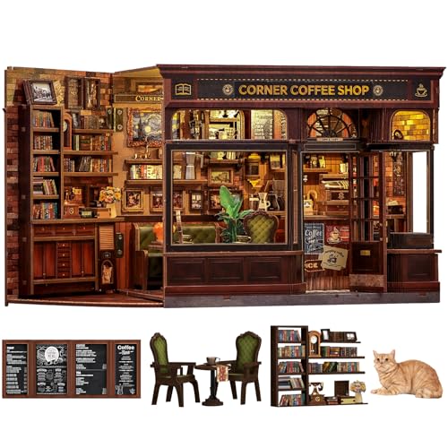 Fsolis Book Nook Kit - DIY 3D Wooden Puzzles for Adults Coffee House with Cat Diorama Booknook Bookstore Mini House Building Kit Gifts for Women Readers Book Lovers (Corner Coffee Shop)