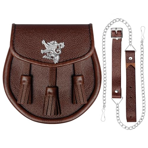 Image of Scottish Original Leather Sporran with Leather Belt & Chain (Brown Leather Rampant Lion Sporran)