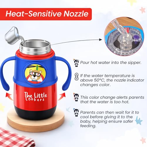 Image of THE LITTLE LOOKERS Stainless Steel Hot & Cold Sipper Bottle for Kids | 300 Milliliters | Rust-Proof | BPA-Free | Double-Wall Vacuum Insulation Water Bottle | Ideal for School and Travel | Red