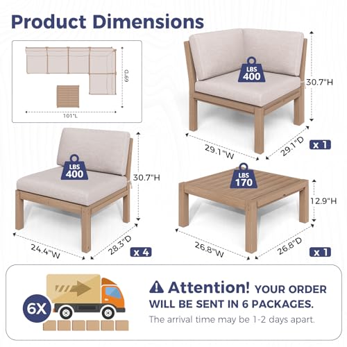Image of Modular Outdoor Patio Conversation Set, 6-Piece L-Shaped Sectional Sofa Set with Coffee Tables & Thick Cushions, Easy Side Interlock, HIPS All-Weather Patio Furniture Set for Backyard, Deck, Poolside