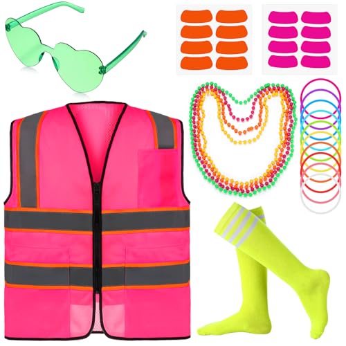 Skicuff Neon Outfit Neon Costume Accessories Reflective Vest Sunglasses Necklace Bracelet for Glow Party Football Game(Rose Red)