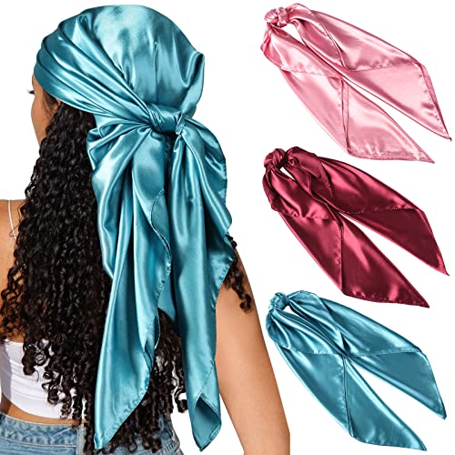 CHLINS 35" Satin Square Hair Scarf Bandanas 3Pcs Large Silk Head Scarves Lightweight Satin Hair Kerchief Sleeping Hair Wraps, Jujube Red + Skin Powder + Haqing, 90 * 90 cm / 35 * 35 inches