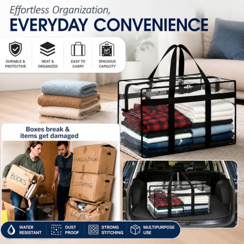 Image of Storite 4 Pack 70 L Moisture Proof Transparent Underbed Storage Bag /Clothing Storage Organiser /Toy Storage /Blankets Storage Bag with Zipper and Strong Handle (Transparent,54x33x40 cm)