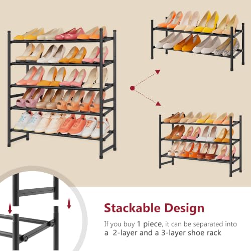 Image of Tajsoon Expandable Shoe Rack for Closet 5 Tier, 28 inch-41 inchStackable, Black