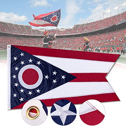 FLAGBURG Ohio State 3x5 ft OH Flag - Heavy Duty 210D Nylon with Embroidered Stars - Outdoor/Indoor All Weather Burgee Flag with Strong Canvas Header/Brass Grommets/Sewn Stripes