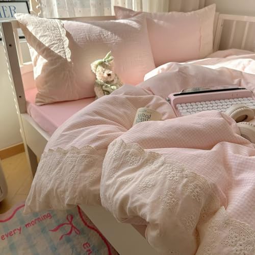Image of MKXI Vintage Floral Duvet Cover Set Twin XL - Pink & White Gingham Check with Lace Border, Soft Washed Microfiber 3-Piece Bedding Set for Girls, Teens & Adults, Princess Cottagecore Style