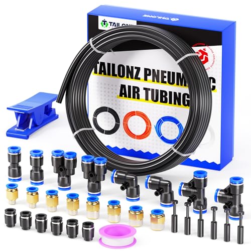 Image of TAILONZ PNEUMATIC Black 6MM OD 10 Meter 32.8ft PU Polyurethane Air Tubing Kit Pipe Hose Air Line Tubing Air Hose Fittings Push to Connect Fittings(29PCS)