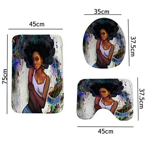 4Pcs African American Shower Curtain Set With Rugs, Curly Hair Black Girl Motivational Shower Curtain, Polyester Waterproof Fabric Shower Curtain With Hooks ( African Women-Black1, 71"L X 71"W) #TOP4