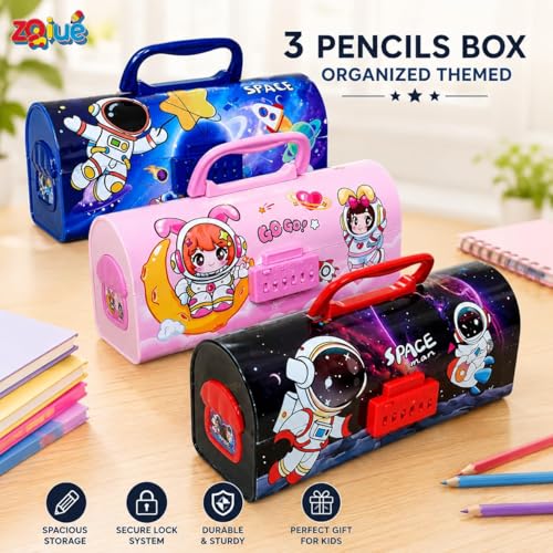 Image of Space Astronaut Lock Compass Box for Kids | 3-Digit Password Pencil Box | Large Capacity Stationery Organizer Case for School Boys & Girls | Durable Plastic Pencil Case