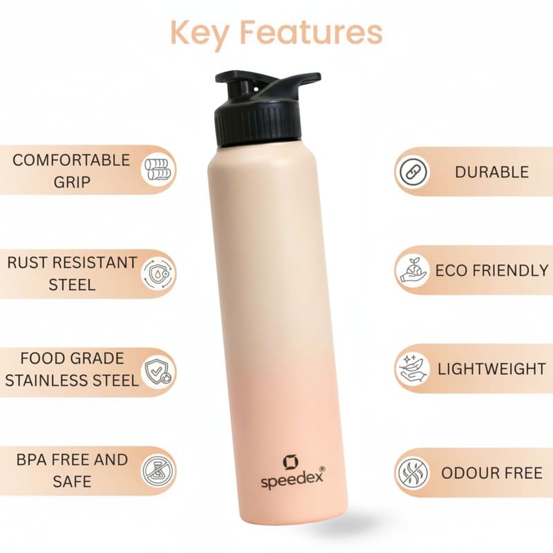 Image of Speedex Stainless Steel Metal Water Bottle 1 Ltr 1000 ml, BIS Approved, Leak Proof Sipper Cap Bottle for Office, School, Gym, Travel, Daily Use for Men, Women, Kids, Adults, Peach Orange, Set of 4