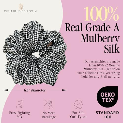 Image of Curlfriend Collective Houndstooth XL Silk Scrunchie - 100% 22 Momme Mulberry Silk Hair Tie for Curly, Coily & Thick Hair - Gentle Hold, Extra Stretch, Stylish & Snag-Free