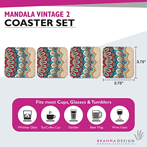Image of Wooden Coaster Set with Gift Box | Mandala Vintage 2 Design | Set of 4 Tabletop Square Coasters 3.75 inch x 3.75 inch | Kitchen Table Wooden Decorative Items | for Cups, Mugs, Cans, Glasses