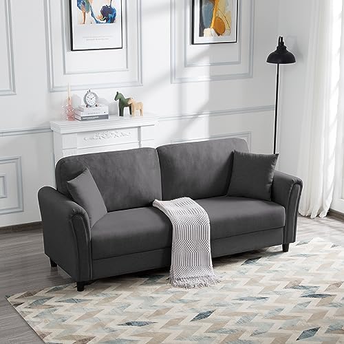 POCIYIHOME 81.5″ Loveseat Pillows and Rolled Arm, 2 Upholstered Linen Fabric Couch Furniture, Deep Seated Comfy Sofa for Living Room, Bedroom, Apartment, Office, Dark Grey