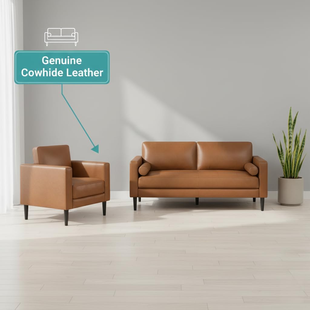 Mid-Century Tan Leather Sofa Set – Modern Classic Comfortable & Durable Living Room Furniture
