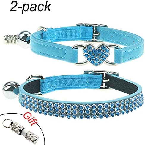 UPRetailer 2Pcs Breakaway Bling Cat Collars with Bell & Pet Collar Tag, Small Dog Puppy Velvet Safety Collar Elastic Adjustale Neck 8"-11",Blue
