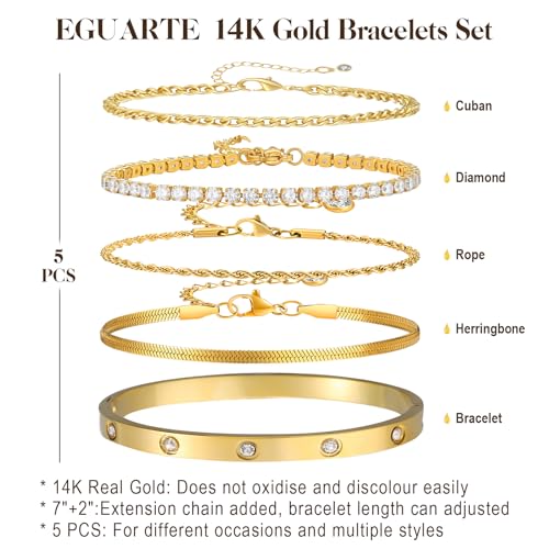 5Pcs Gold Bracelets for Women Trendy,Dainty 14K Real Gold Plated Jewelry Sets for Women,Waterproof,Thin Small Cute Chain Bracelets,Fashion Accessories Jewelry Gifts for Women Adjustable 7"+2"3