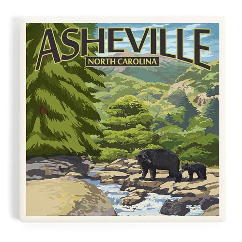 Asheville, North Carolina, Black Bears and Stream (Absorbent Ceramic Coaster, Single, Cork Back, Kitchen Table Decor)