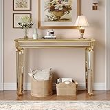 KUVADAZ Gold Mirrored Console Table, 48' Rectangle Glass Sofa Table with Mirrored Vintage Carved Elements,Modern Luxury Mirror Furniture for Living Room Foyer Entrance Entryweay Hallway