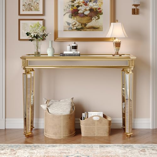 KUVADAZ Gold Mirrored Console Table 48 Rectangle Glass Sofa Table with Mirrored Vintage Carved Elements Modern Luxury Mirror Furniture for Living Room Foyer Entrance Entryweay Hallway