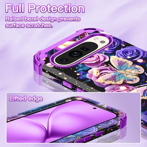 LONTECT for Google Pixel 10 Pro XL Case Floral Shockproof Rugged Heavy Duty 3 in 1 Hybrid Sturdy High Impact Protective Cover Case for Google Pixel 10 Pro XL,Glow in the Dark Lavender - image 5