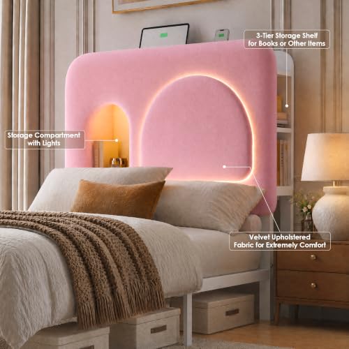 Image of Twin Bed Frame for Girls with Storage Headboard & Charging Station, Pink