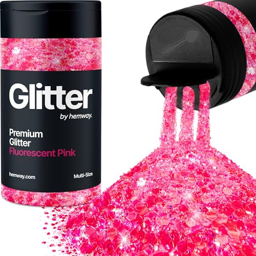 Hemway Fluorescent Pink Glitter Shaker, 120g Multi Size Glitter for Crafts Metallic Flake Sequins for Resin & Epoxy Crafts for Decorating, Halloween, Christmas, Nail, Face, Bunting, Art, Pots