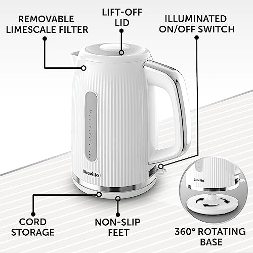 Breville White Kettle and Toaster Set with 1.7 Litre, 3KW Fast-Boil Electric Kettle and 2-Slice High-Lift Toaster White and Silver Chrome [VKT257 and VTR037]