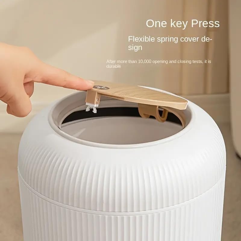 Image of JD FRESH Premium White Dustbin with Press flip Lid Design /Modern Plastic Round Trash Bin with Wooden Finish Legs /Anti Odour Dustbin for Home Decor, Kitchen Office &Hotels (10 Garbage bags, 10 liters)