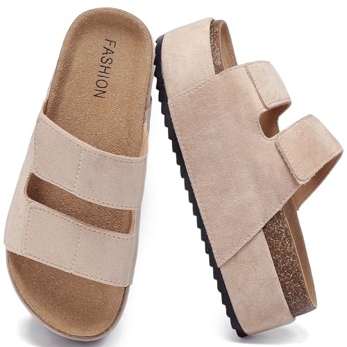 YUHITYGZGS Women's Platform Slide Sandals Cork Footbed with Double Buckles, Comfort Platform Clogs Mules Summer Beach Sandals Non Slip & Lightweight Wedge Sandals for Women 2025