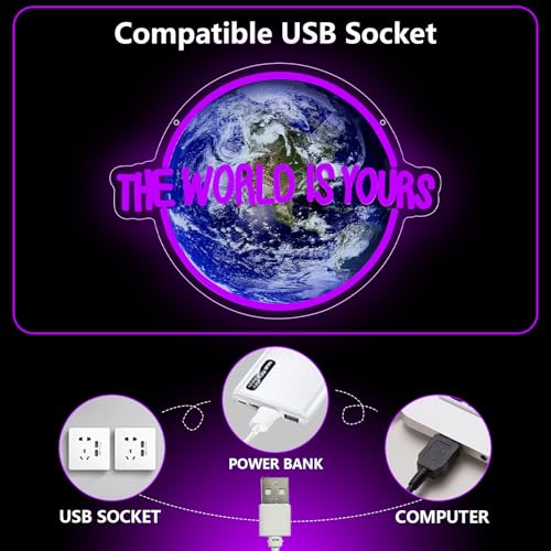 The World is Yours Neon Sign, Planet Led Neon Light Signs for Wall Decor Gaming LED Light up Sign Lamp for Party Bedroom Bar Game Room Man Cave Birthday Gamer Gift Dimmable USB Powered(16.4"*12.2") by SONGYUNEON - Used condition - Image 5