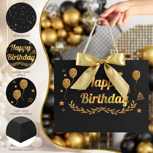Image of JMANNI Black Gold Happy Birthday Gift Bag with Card and Tissue Paper, 12.6 inchx9.84 inchx3.9 inch Elegant Present Bag for Men Women, Year Old Birthday Keepsake Party Supplies
