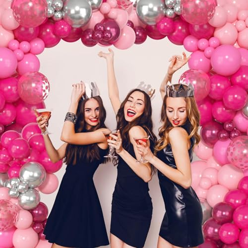 Image of Ouddy Party 129Pcs Hot Pink Balloon Arch Garland Kit in 18 12 10 5 Inch | Different Sizes 6Pcs 18 inch Magenta Fuchsia Pink Latex Balloons for Birthday Shower Princess Wedding Party Decorations