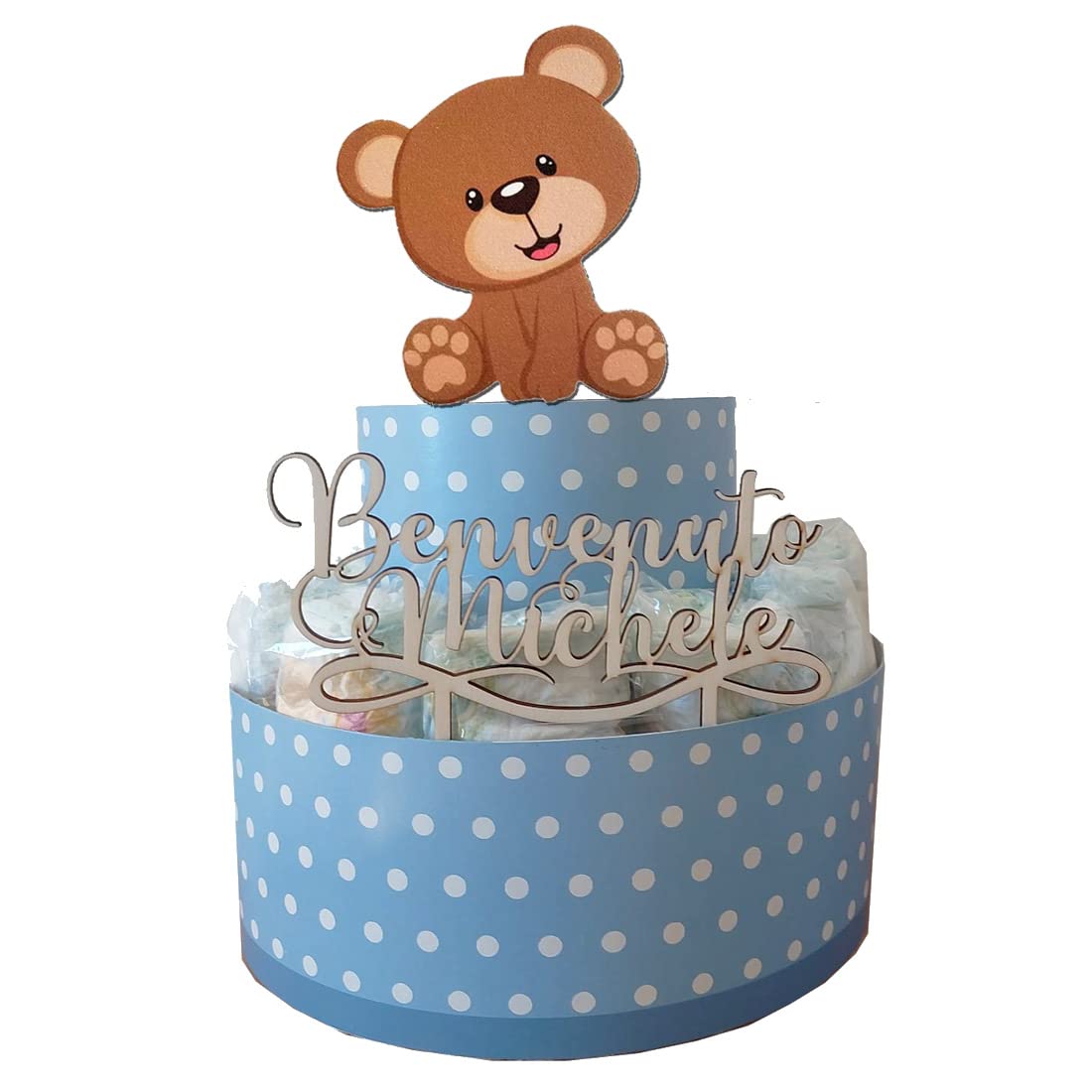 Torta di Pannolini personalizzabile con soggetto a scelta idea regalo utile per la nascita o battesimo bambino bebè con decorazione e topper in legno personalizzato (Orsetto)