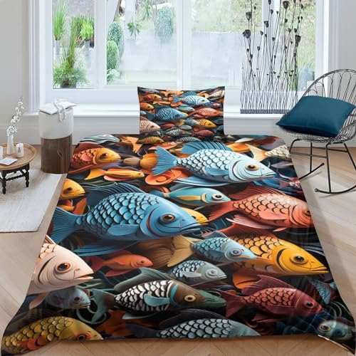 Funda nórdica 3D de peces 135x200cm con 2 fundas de almohada de microfibra para cama infantil single 2