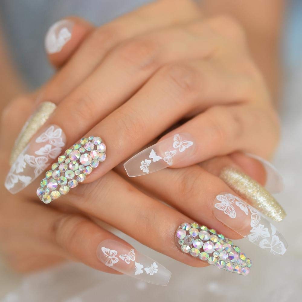 GeRRiT False Nails Matte Butterfly Nail Art Glitter Fake Nails Clear Summer Salon Quality Tips Predesigned Ladies Fingernail 24