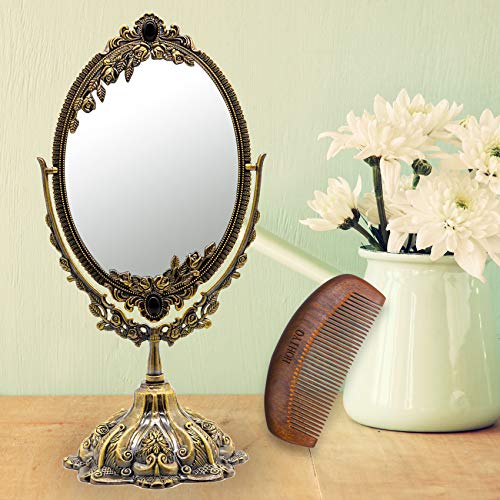 Hohiyo Vintage Makeup Desk Mirror With Wood Comb, Two Sided Swivel Tabletop Antique Oval Mirror With Metal Embossed Frame And Stand For Bathroom Bedroom Mirror (Small&Antique Bronze) #TOP5