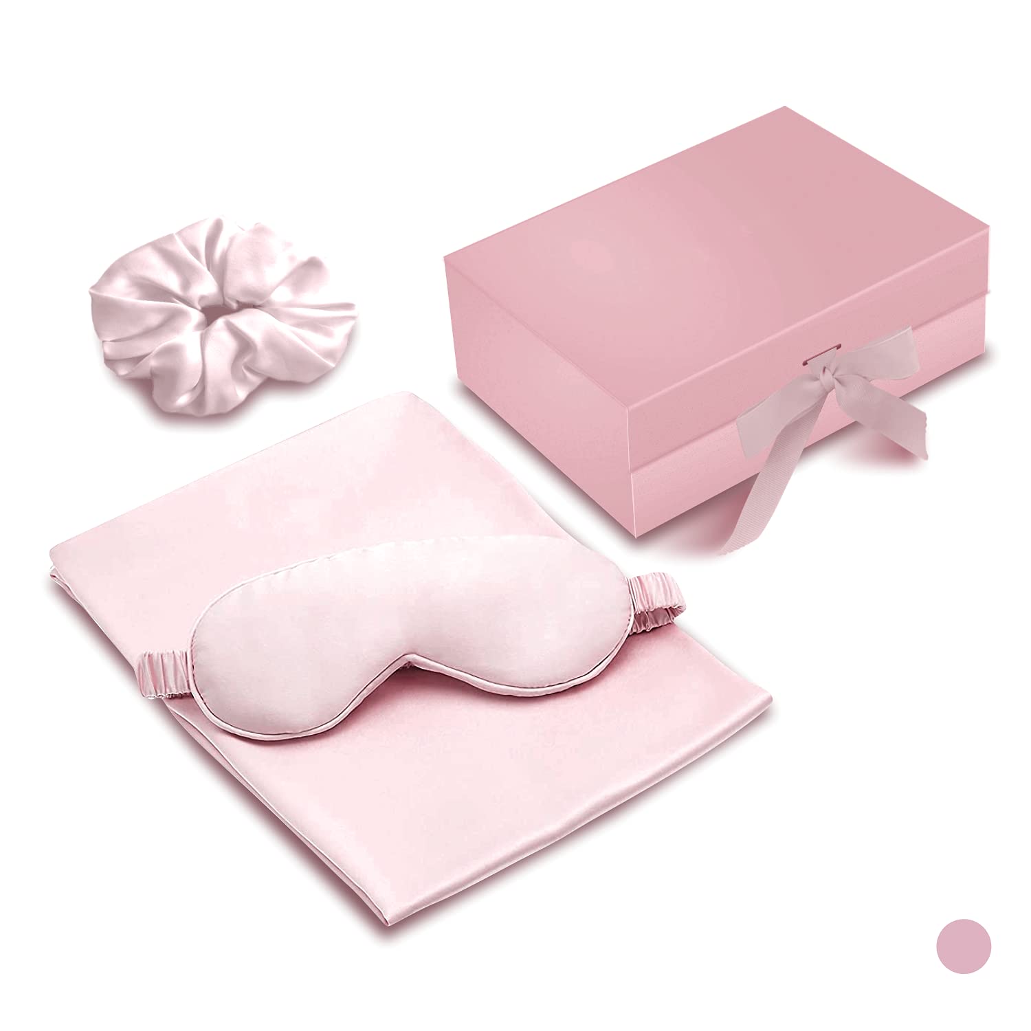 100 Mulberry Silk22 Momme Silk Pillowcase Set with Scrunchy and Eye Mask with Gift Box Queen Size (Pink)