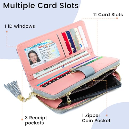Image of Pomelo Best Womens Wallet RFID Blocking Wallet for Women Bifold Large Capacity Card Holder Ladies Long Purse with ID Window Zipper Coin Pocket Mist Blue