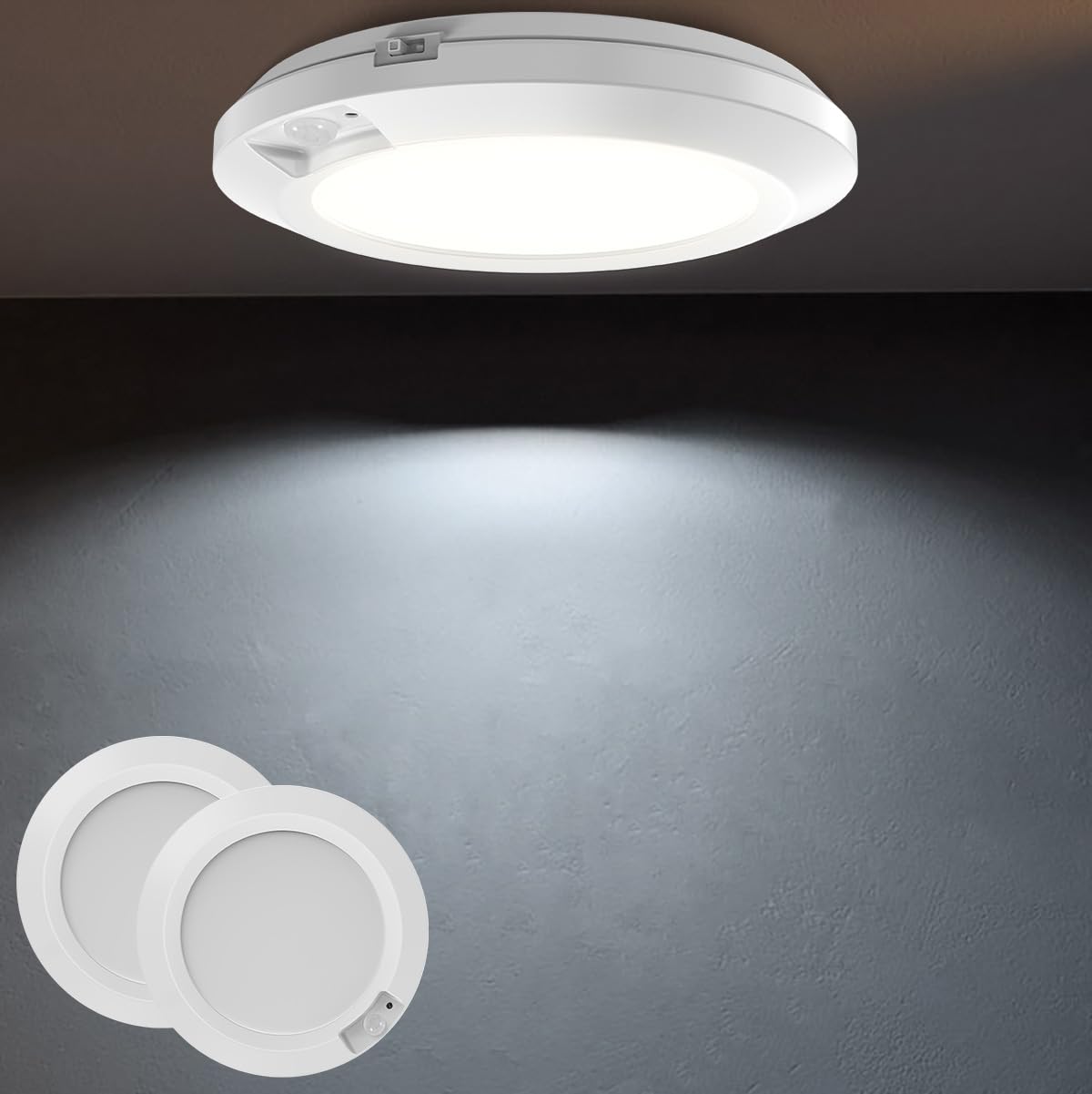 16 cm Lámpara de Techo con Sensor de Movimiento, Alimentada a Baterías, LED Blanco Frío 6000K para Armario/Escaleras/Pasillo/Almacén - Pack de 2