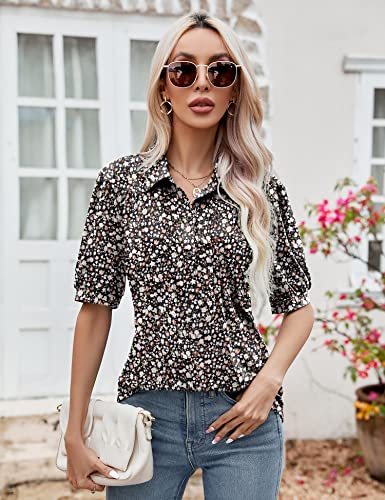 Womens Plus Size Short Sleeve Golf Polo Shirts V Neck Collared Tunic Blouses Loose Casual Work Tops Floral Black Xxl #TOP3