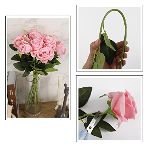 Cewor 15Pcs Artificial Pink Roses Flowers With Stems Silk Rose Bouquet Valentine's Day Decorations For Wedding Bridal Party Home Table Mom Birthday Decor (Pink) #TOP3